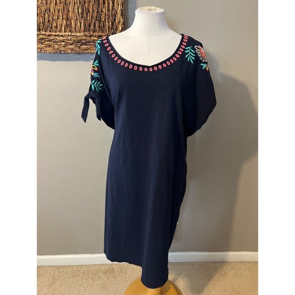 Talbots Dress 3X Blue Embroidered Short Tie Sleeve Cotton Washable - Picture 4 of 14